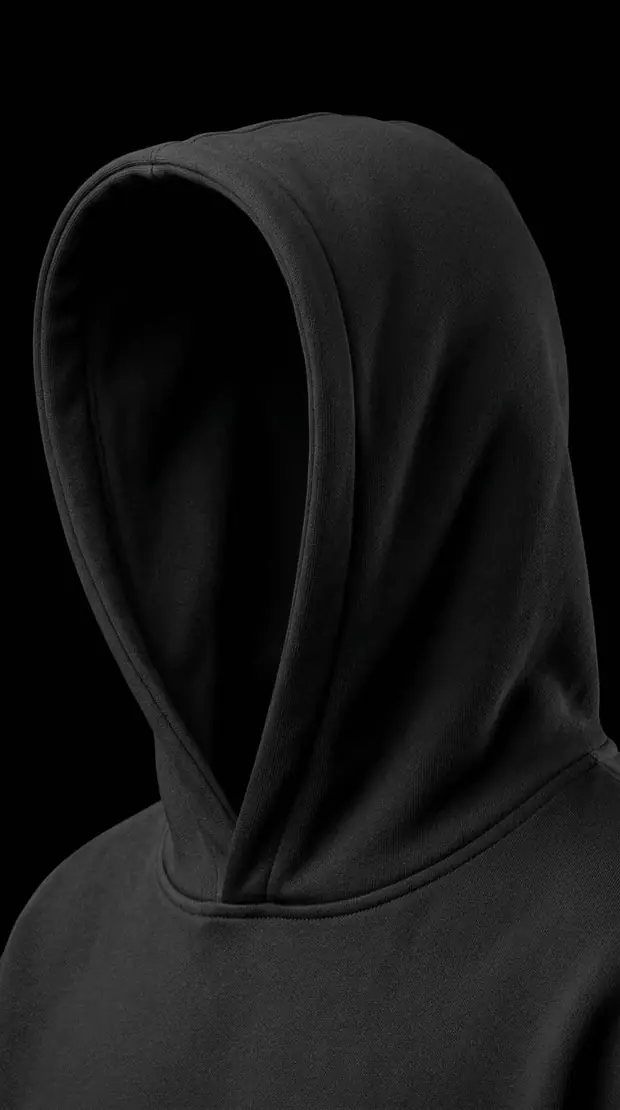 Signal Hoodie 01 — hood detail, double-thickness, no drawstrings